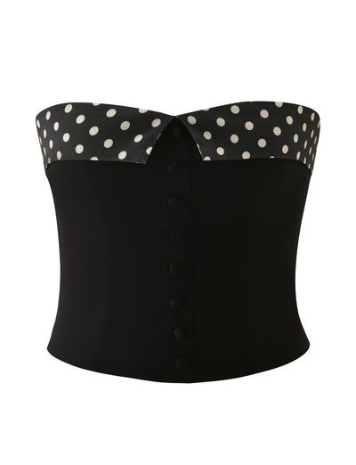 The TIGERMIST KITTIE 2.0 BUSTIER - BLACK is a strapless sweetheart neckline corset top in stretch suiting, featuring black-and-white polka dot trim at the bustier and matching fabric-covered front buttons.