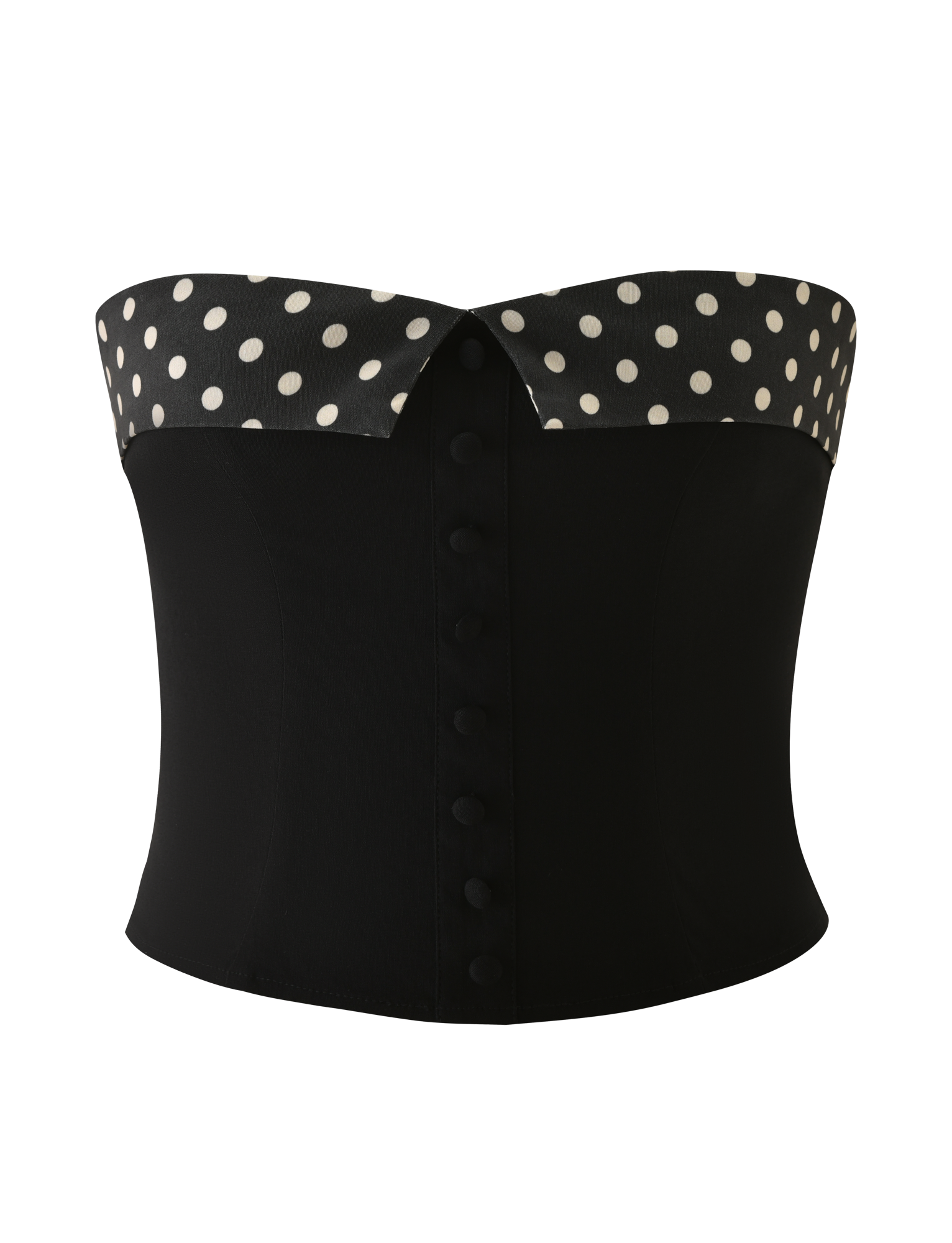 The KITTIE 2.0 BUSTIER by TIGERMIST is a black strapless suiting fabric corset top, featuring a folded-over collar with black and white polka dots and fabric-covered front buttons.