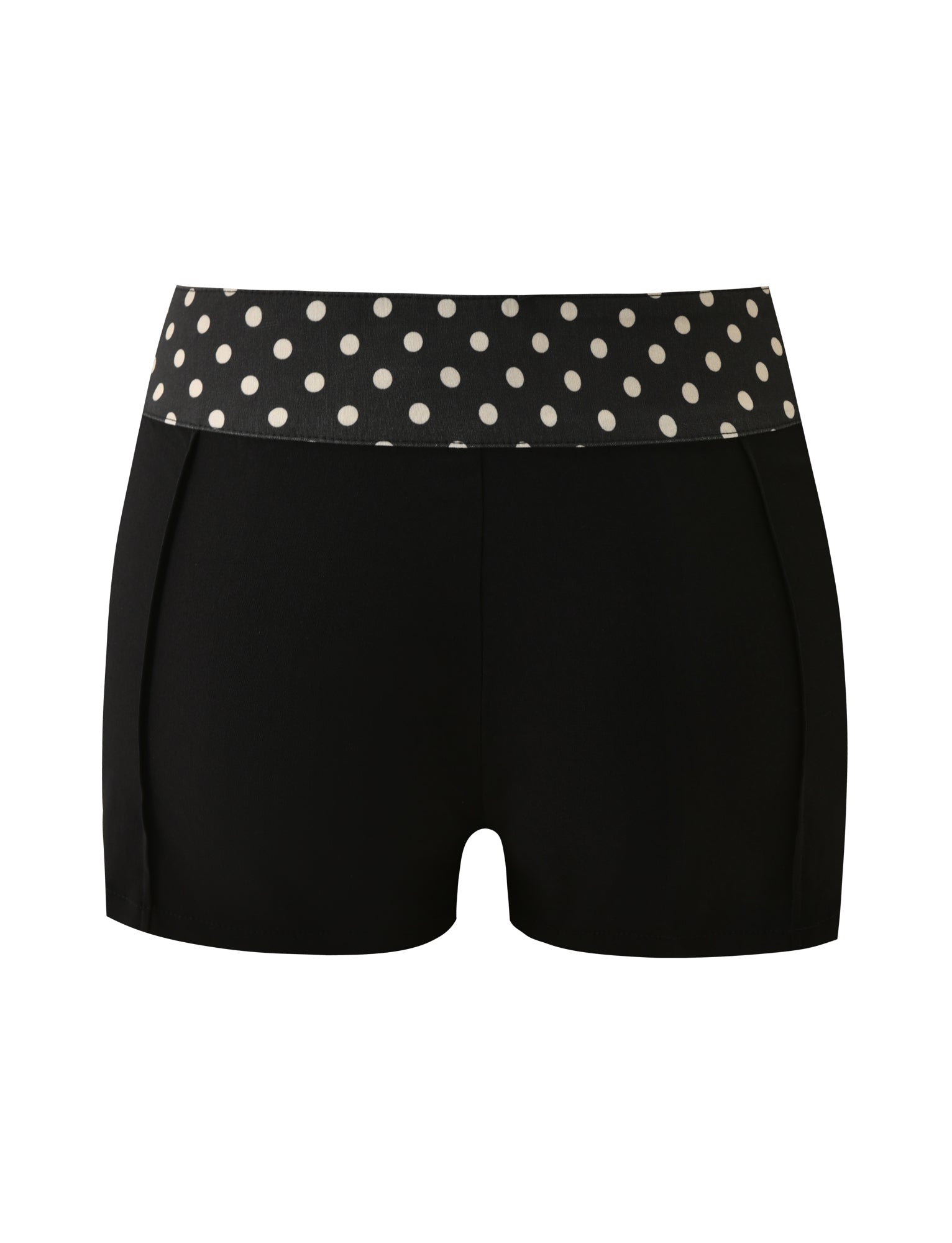 The KITTIE 2.0 SHORT - BLACK by TIGERMIST features a white polka dot waistband on black Kittie fabric, shown against a white backdrop.