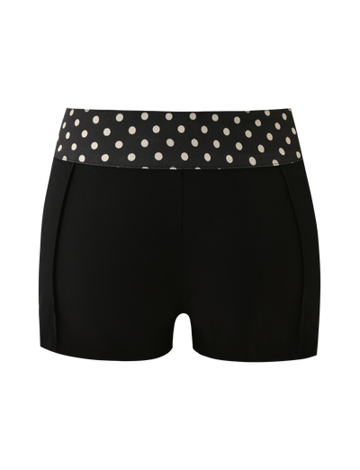 The TIGERMIST KITTIE 2.0 SHORT - BLACK features a soft Kittie fabric and a wide polka dot waistband, showcased on a plain white background.