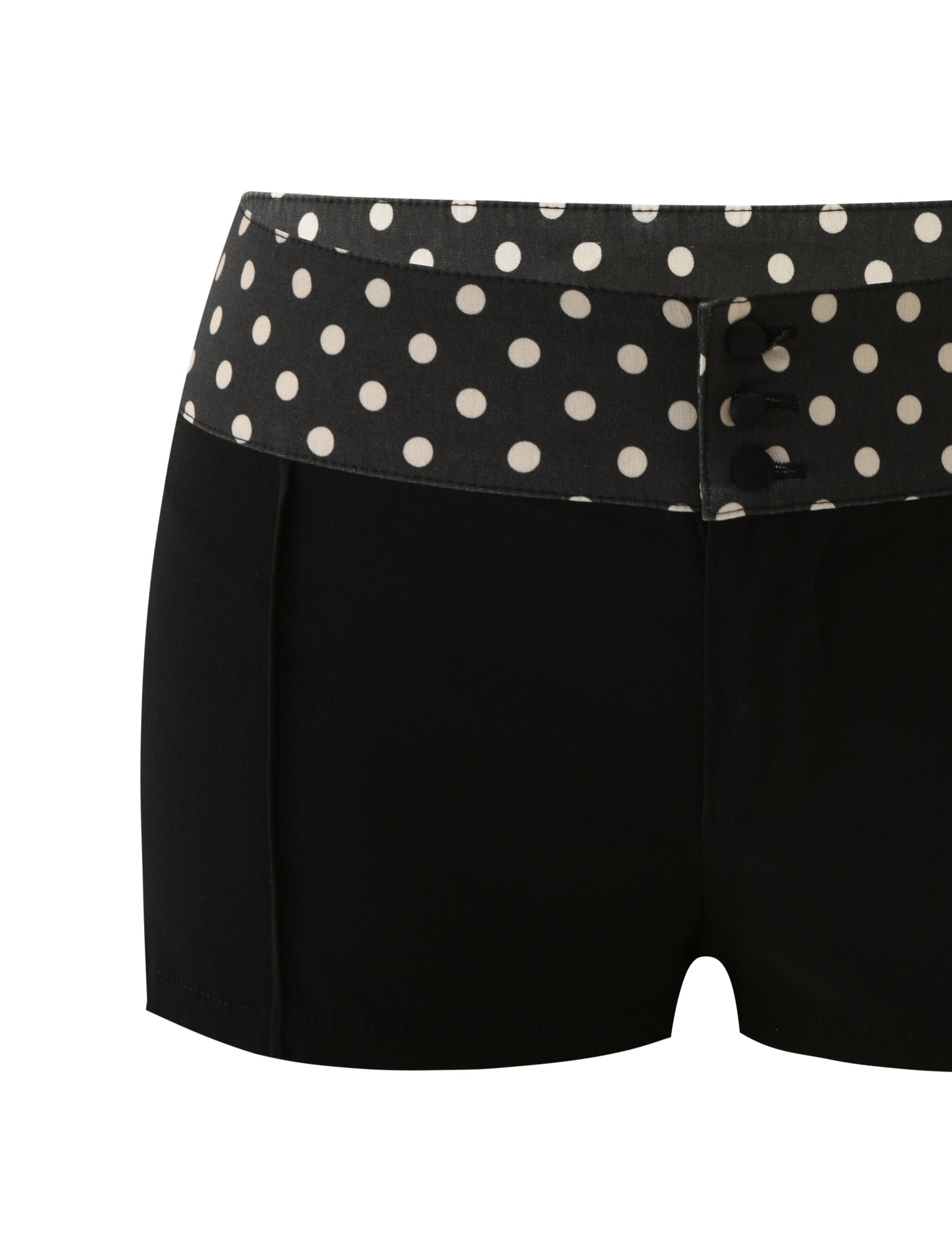 The TIGERMIST KITTIE 2.0 SHORT - BLACK features a soft Kittie fabric, black mini cut, polka dot waistband, decorative front buttons, and a chic white polka dot pattern on a plain white background.
