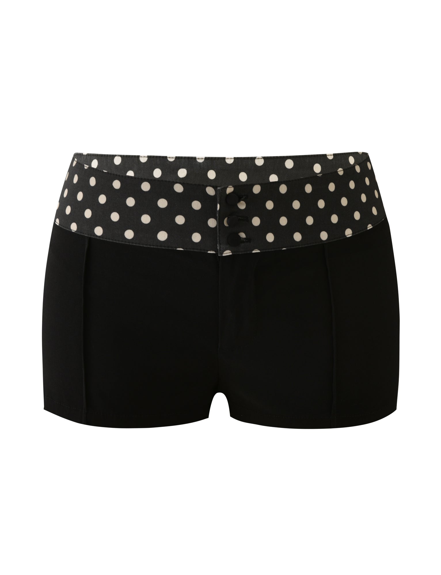 The TIGERMIST KITTIE 2.0 SHORT - BLACK features a polka dot waistband, wide high-waist band with three black buttons, and is crafted from soft Kittie fabric for standout style.