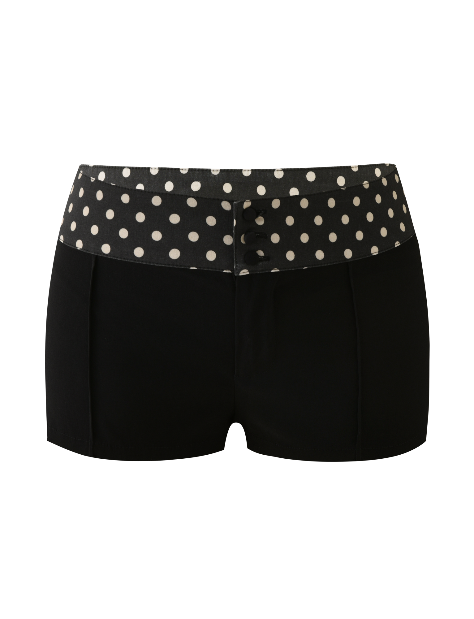 The TIGERMIST KITTIE 2.0 SHORT - BLACK features a wide polka dot waistband in Kittie fabric, three black front buttons, and is shown against a white background.