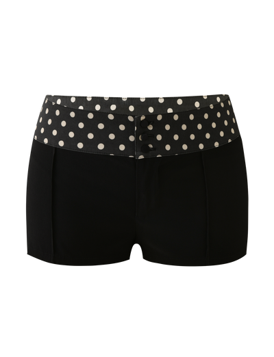 The TIGERMIST KITTIE 2.0 SHORT - BLACK features a wide polka dot waistband in Kittie fabric, three black front buttons, and is shown against a white background.
