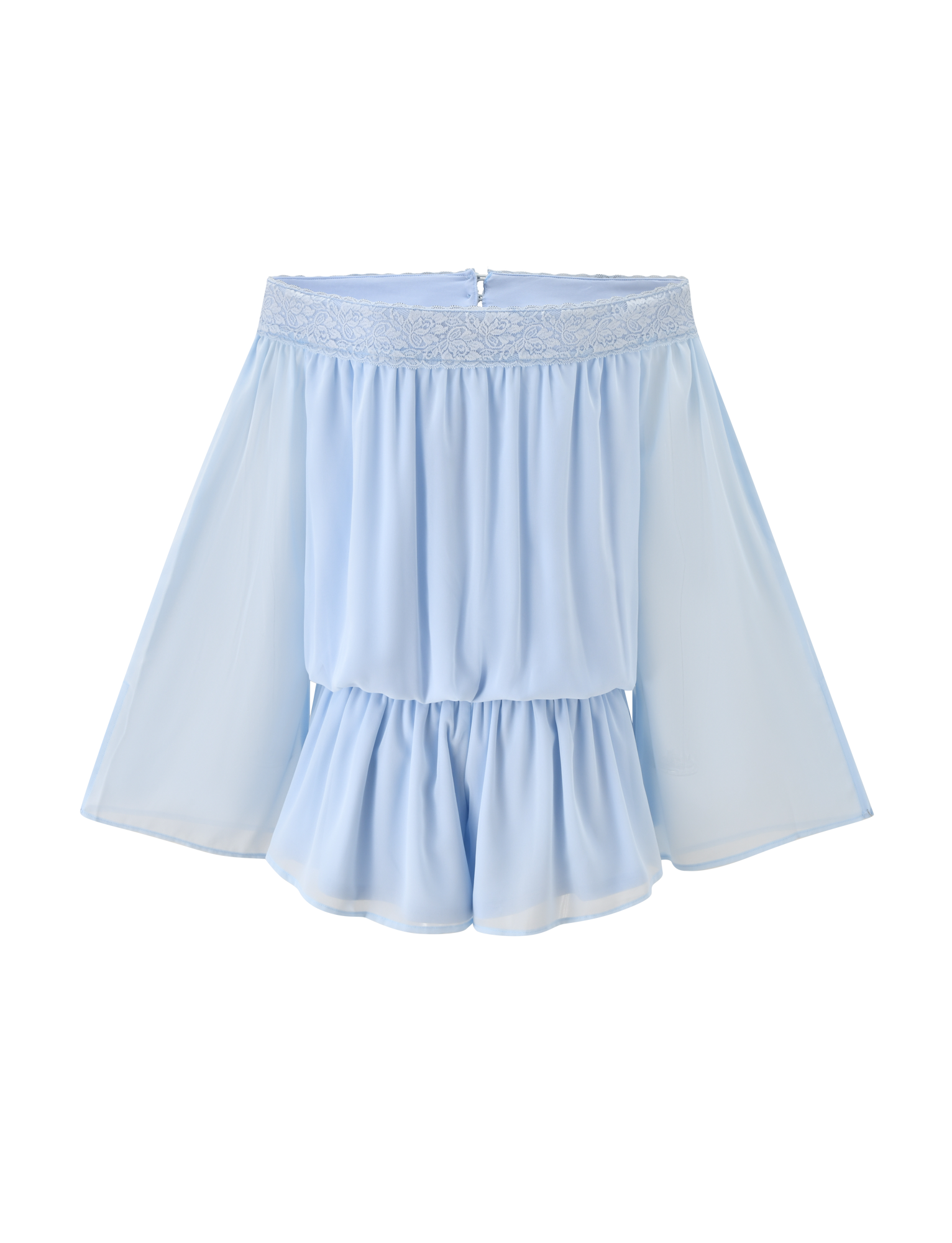 The TESSIE PLAYSUIT in baby blue by TIGERMIST features an off-the-shoulder design with sheer, flowy sleeves, a ruffled hem, and delicate lace trim along the neckline. Shown against a white background for a chic look.