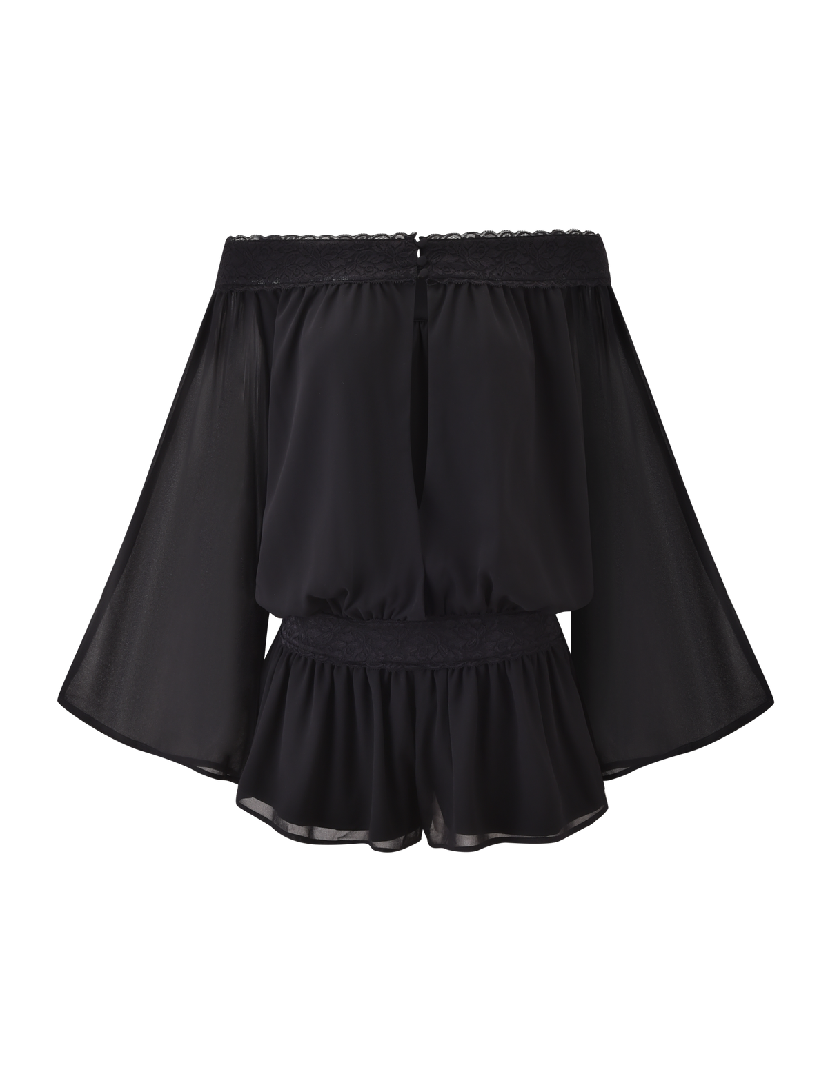 The TESSIE PLAYSUIT by TIGERMIST in black features off-the-shoulder sheer wide bell sleeves, a cinched waist, ruffled hem, and lace trim. Styled for elegance and displayed on a white background.