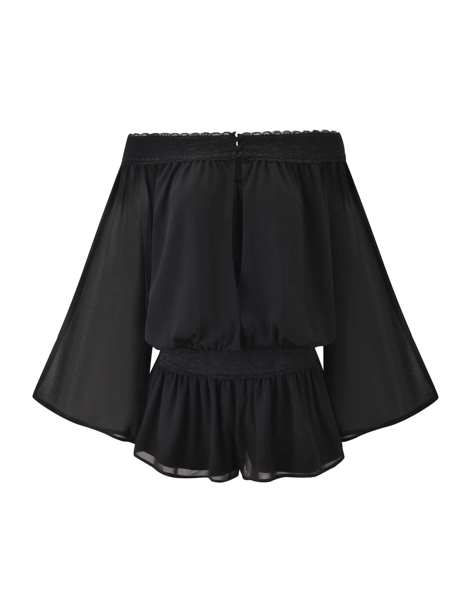 The TESSIE PLAYSUIT by TIGERMIST in black features off-the-shoulder sheer wide bell sleeves, a cinched waist, ruffled hem, and lace trim. Styled for elegance and displayed on a white background.