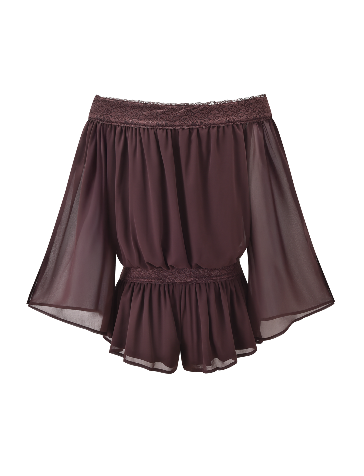 The TIGERMIST TESSIE PLAYSUIT in brown features a sheer, off-shoulder design with lace trim at the neckline and waist, wide flowy sleeves, and a ruffled, loose-fitting silhouette for a chic look.