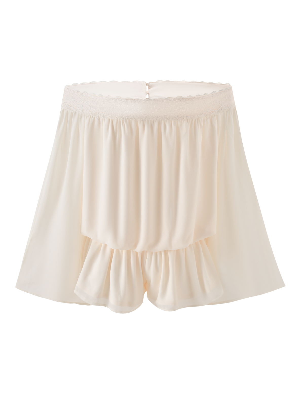 The TESSIE PLAYSUIT - IVORY by TIGERMIST is a cream-colored, high-waisted silk micro mini with a ruffled front layer and lace-trimmed elastic waistband, shown against a white background.