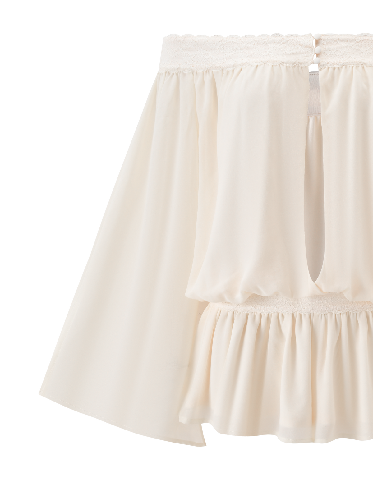 The TESSIE PLAYSUIT - IVORY by TIGERMIST features an off-shoulder neckline, gently ruffled hem, flowing fabric, a gathered waistband, and a keyhole back opening for an elegant look.