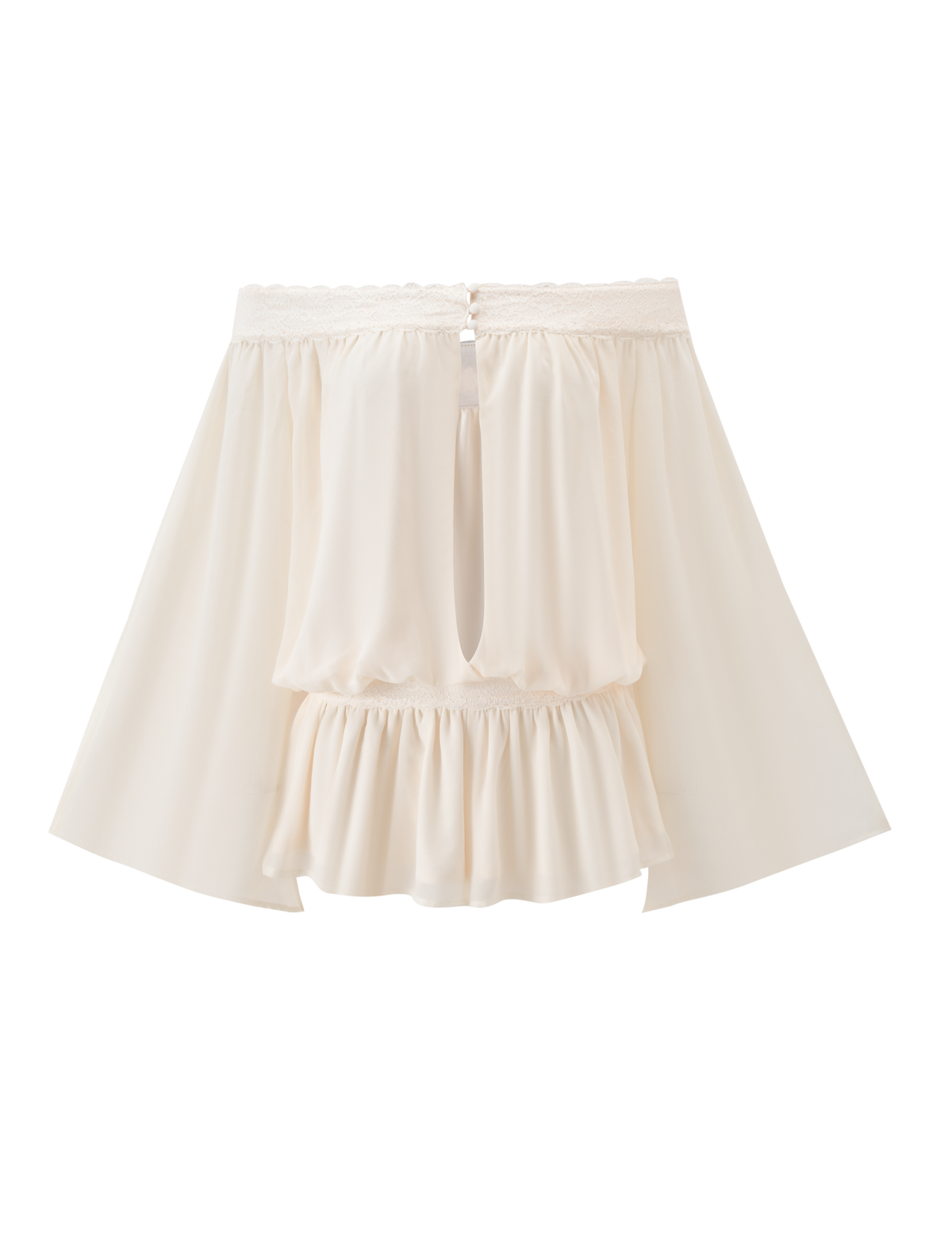 The TESSIE PLAYSUIT in ivory by TIGERMIST features flared sleeves, a ruched elastic neckline, keyhole front with button closure, and a ruffled hem for an effortlessly chic look.