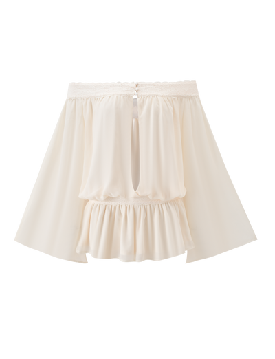 The TESSIE PLAYSUIT in ivory by TIGERMIST features flared sleeves, a ruched elastic neckline, keyhole front with button closure, and a ruffled hem for an effortlessly chic look.