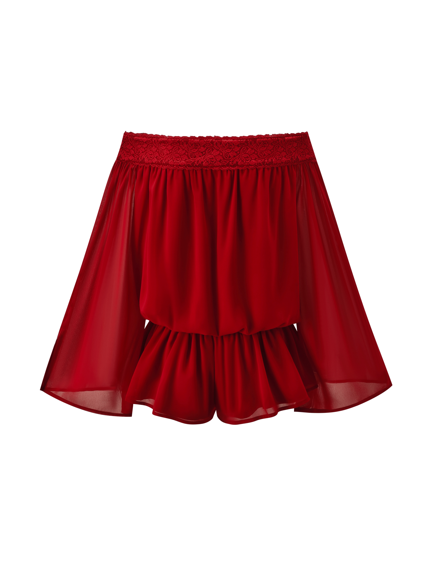 The TESSIE PLAYSUIT - RED by TIGERMIST features a sheer, ruffled hem and lace waistband, shown against a plain white background—perfect for pairing with off-shoulder tops or mini shorts for a flirty look.