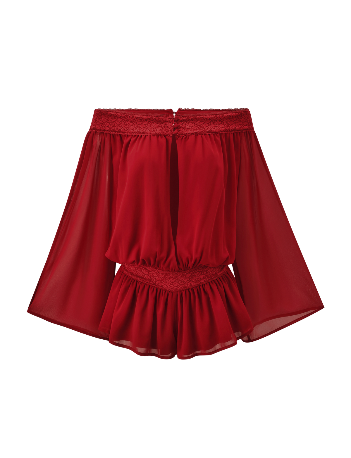 The TESSIE PLAYSUIT in red by TIGERMIST features an off-the-shoulder design, sheer fabric, ruffled hem, lace trim, wide flowy sleeves, and an elasticated waist for a playful look.