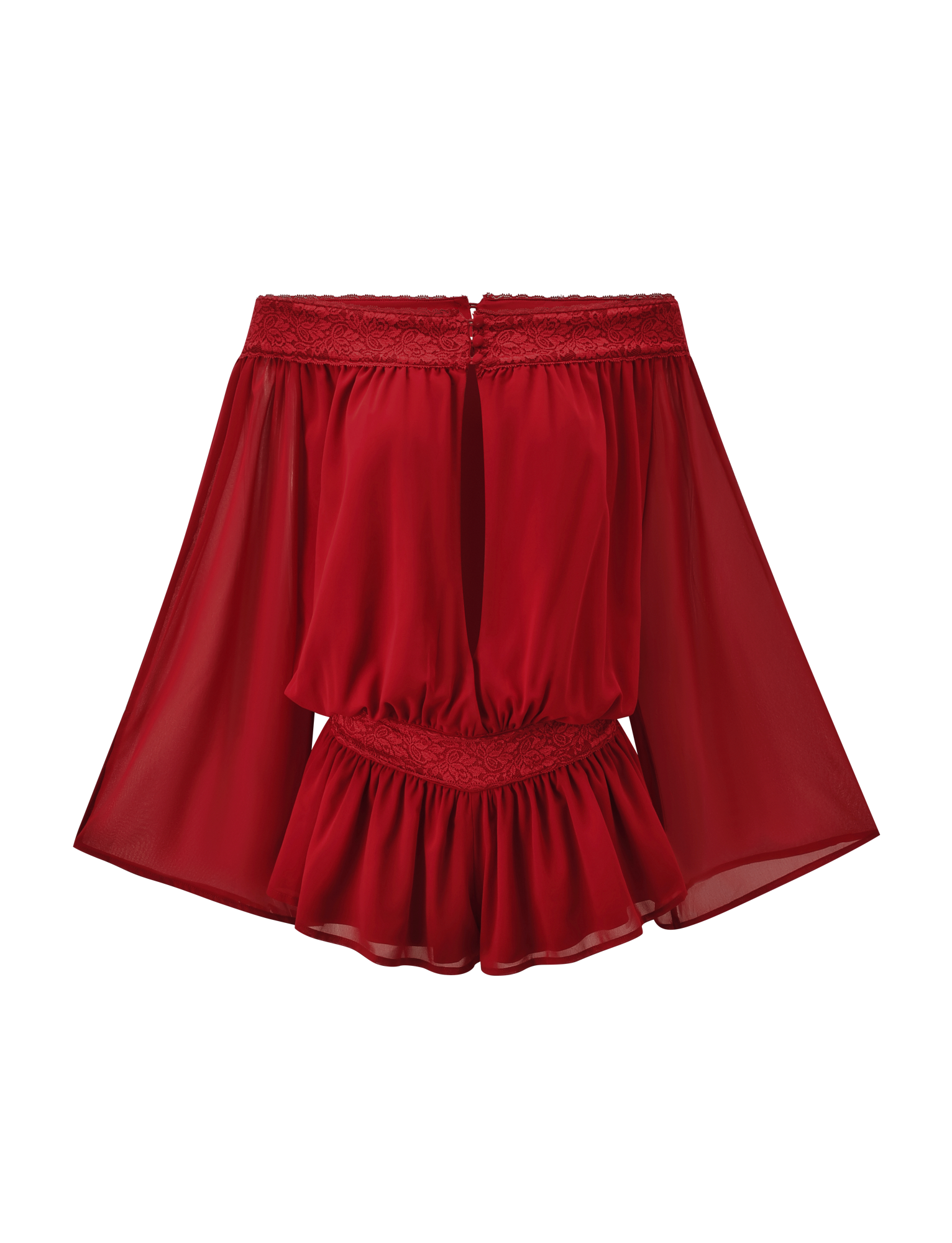The TESSIE PLAYSUIT in red by TIGERMIST features an off-the-shoulder design, sheer fabric, ruffled hem, lace trim, wide flowy sleeves, and an elasticated waist for a playful look.