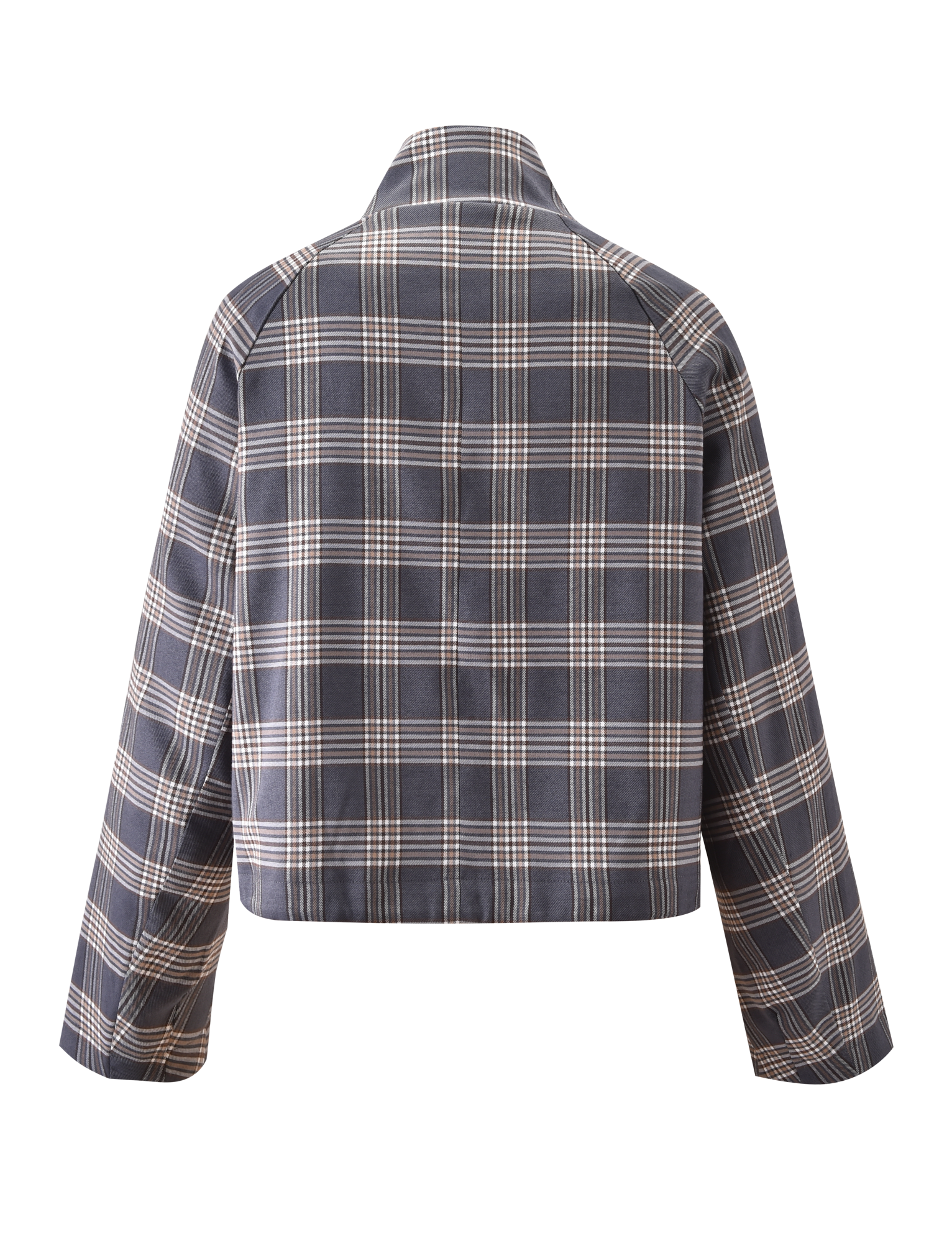 Back view of the TIGERMIST LENNEX JACKET - GREY CHECK, an oversized plaid jacket in dark gray, white, and beige with a bungee drawstring hem and mock neck collar, shown against a plain white background.
