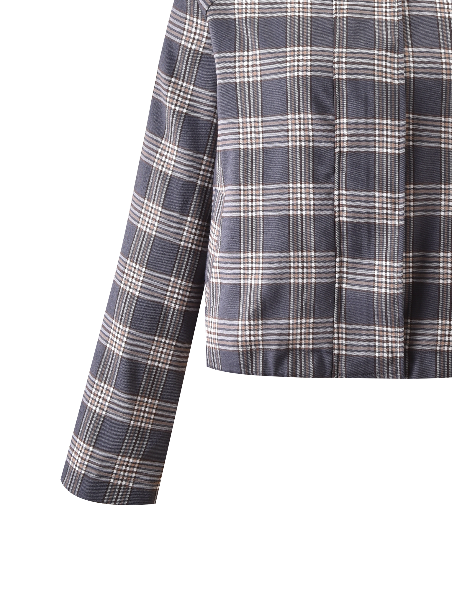 A close-up of the TIGERMIST LENNEX JACKET - GREY CHECK showcases its bungee drawstring hem, focusing on the lower sleeve and bottom torso details against a plain white background.