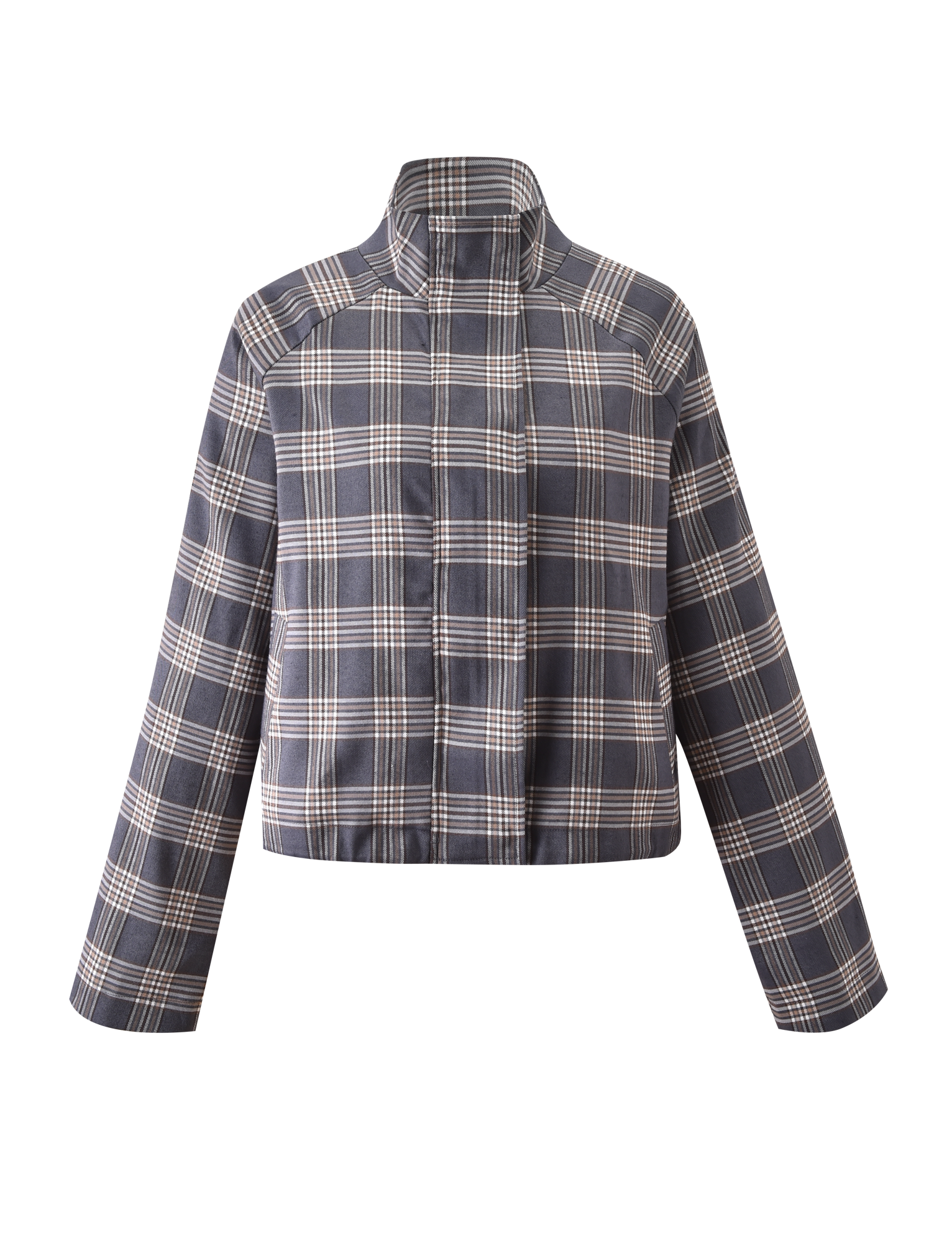 The TIGERMIST LENNEX JACKET in grey check is a cropped, long-sleeved oversized jacket with a mock neck collar, shown against a plain white background.