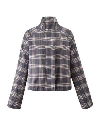 The TIGERMIST LENNEX JACKET in grey check is a cropped, long-sleeved oversized jacket with a mock neck collar, shown against a plain white background.