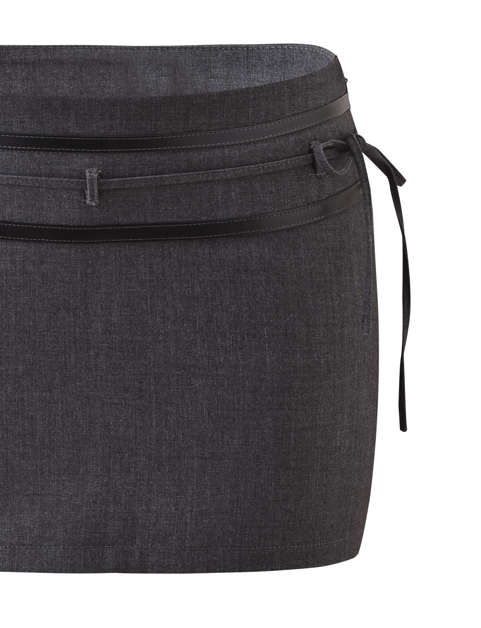 The FEDRA SKORT - GREY by TIGERMIST is a dark gray mini skort with subtle texture, a double waistband, black leather trim at the waist, and a thin black tie on the right side.