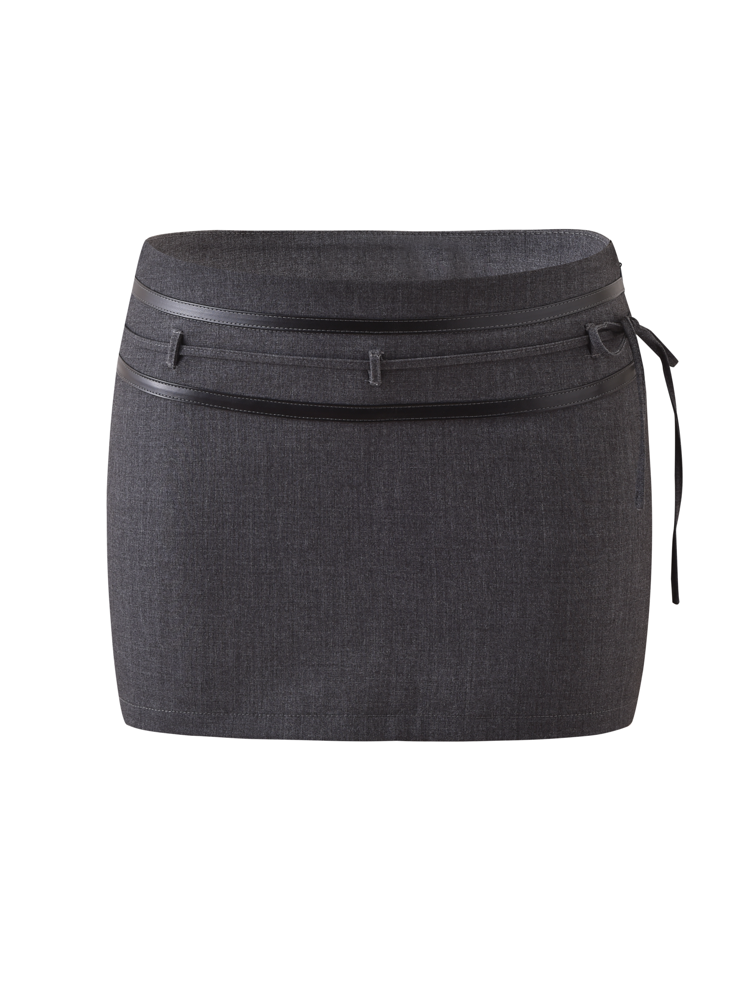 The TIGERMIST FEDRA SKORT - GREY is a dark gray, high-waisted mini skort featuring a double waistband, belt loops, and a slim matching belt knotted on the right side, shown against a plain white background.