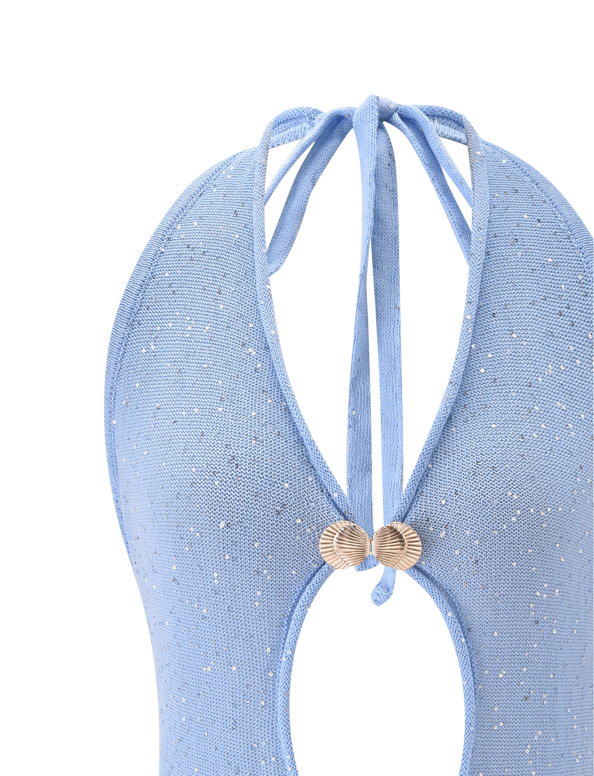 Close-up of the back of the AZURA TOP - BLUE by TIGERMIST, featuring a light blue glitter finish, keyhole cutout, gold shell hardware clasps, and neck tie straps.