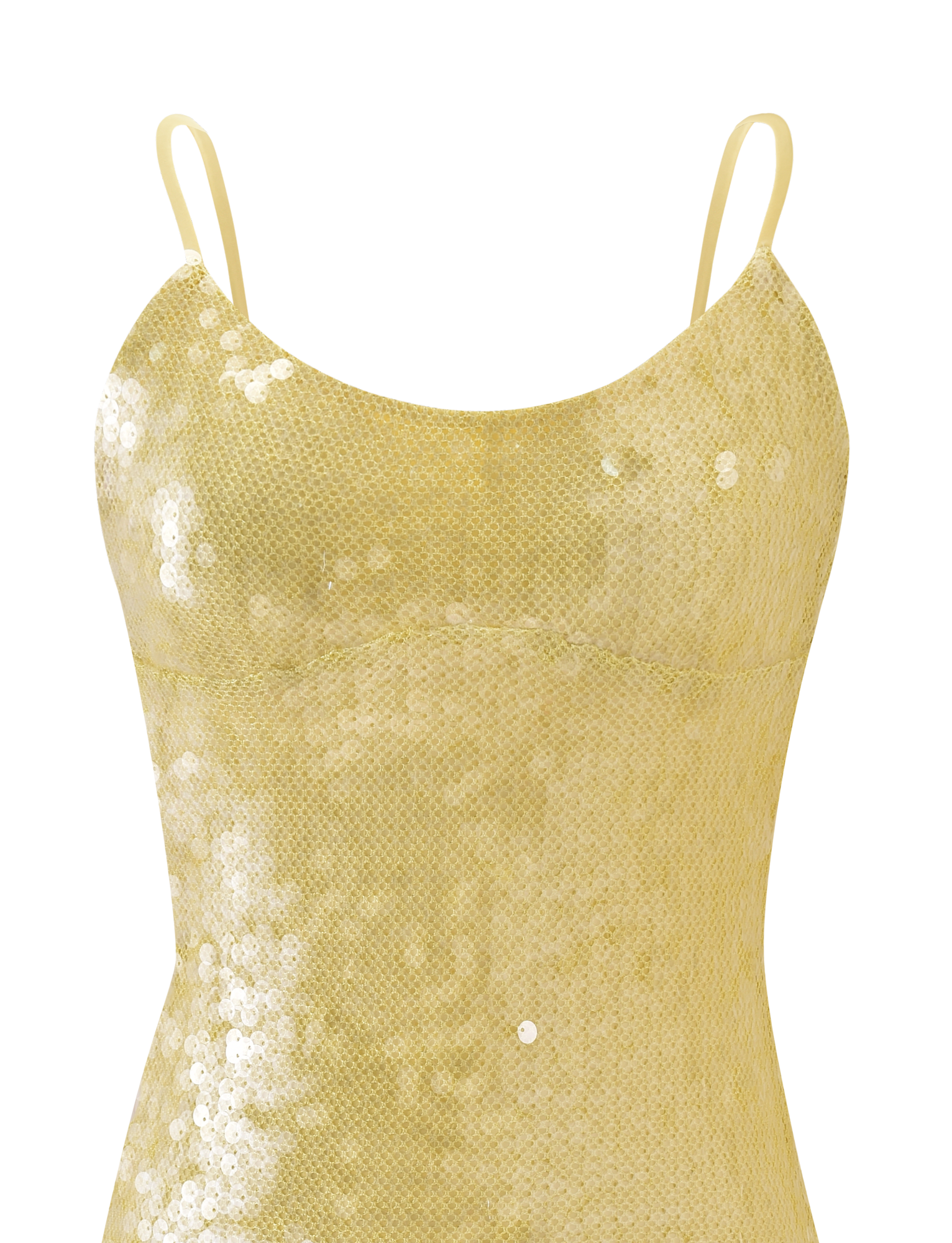 Close-up of the KIANNA MINI DRESS by TIGERMIST in yellow, featuring a shiny sequin fabric, sleeveless design, thin spaghetti straps, scoop neckline, and fitted silhouette highlighting the upper chest and bodice.
