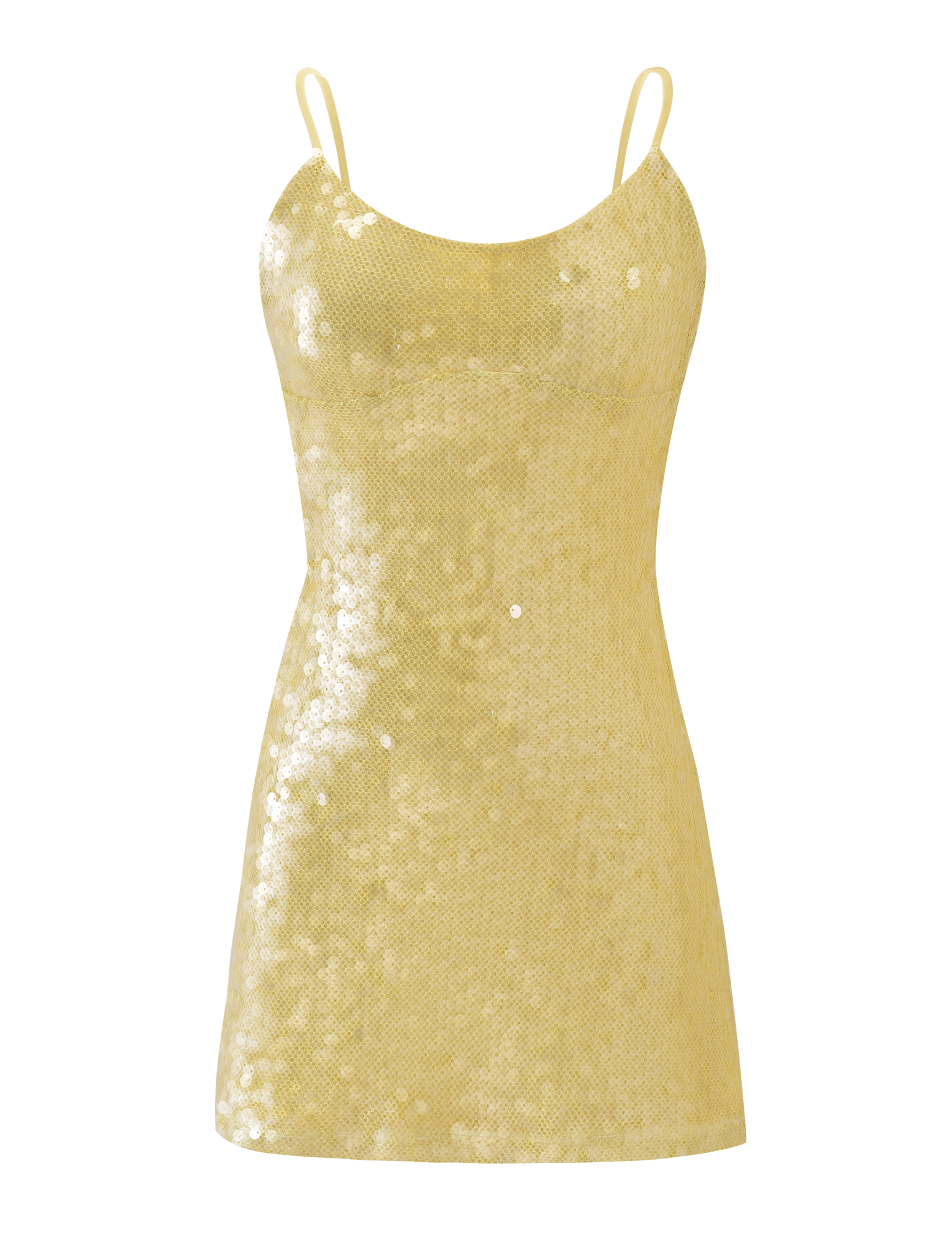 The TIGERMIST KIANNA MINI DRESS - YELLOW is a sleeveless, fitted sequin mini dress with a scoop neckline, thin spaghetti straps, and an adjustable back strap, adorned with shiny yellow sequins and shown on a plain white background.