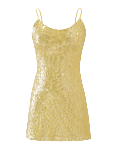 The TIGERMIST KIANNA MINI DRESS - YELLOW is a sleeveless, fitted sequin mini dress with a scoop neckline, thin spaghetti straps, and an adjustable back strap, adorned with shiny yellow sequins and shown on a plain white background.