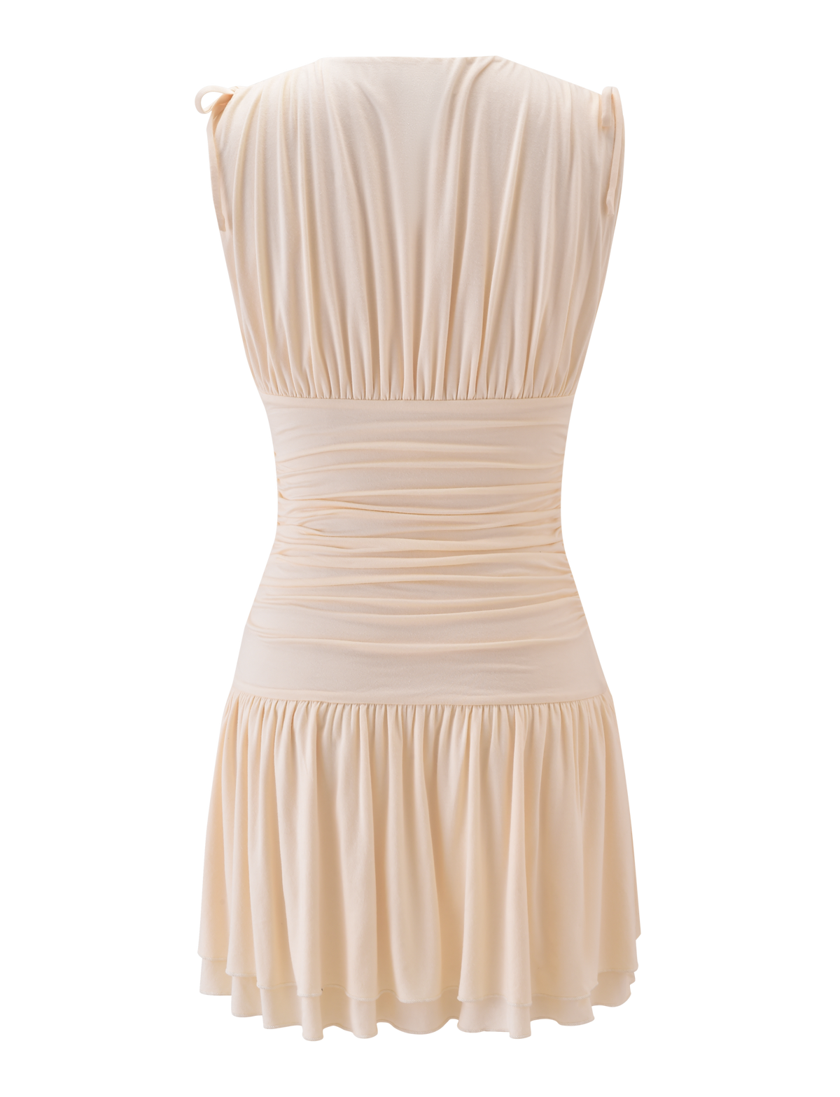 Back view of the TIGERMIST HALONA MINI DRESS in cream, featuring a sleeveless design, adjustable drawstring waist, and flared pleated skirt. Soft, slightly stretchy fabric gives it a flowing, elegant look.