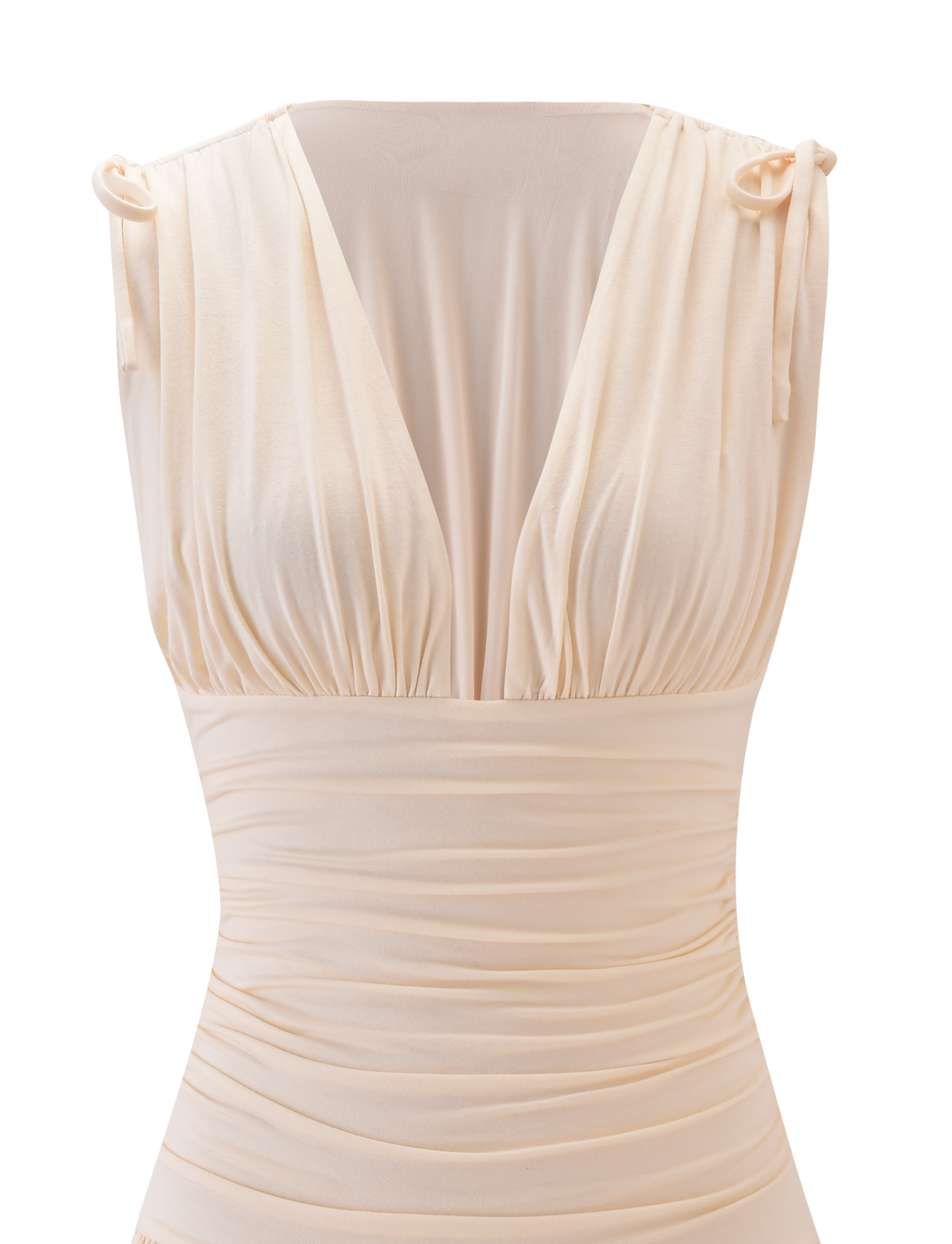 The TIGERMIST HALONA MINI DRESS in cream is a sleeveless, ruched mini dress with a deep V-neckline and tied shoulder straps, shown against a plain white background.