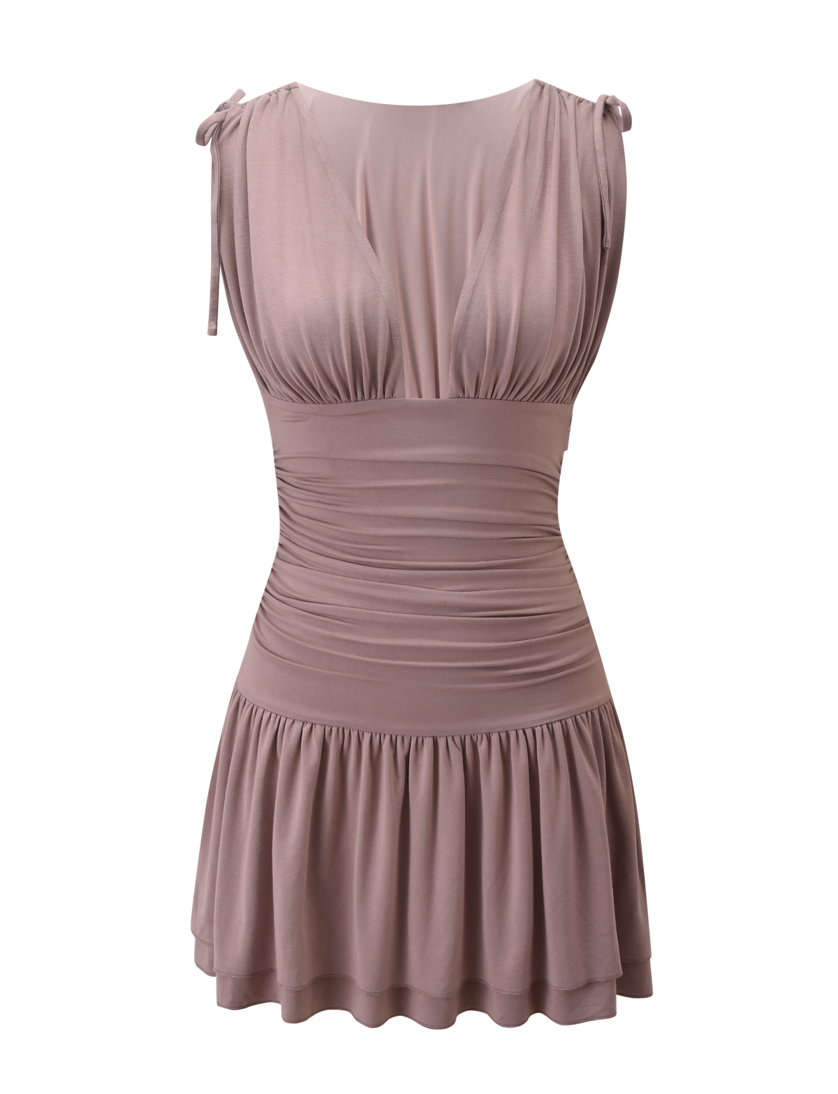 The HALONA MINI DRESS - MOCHA by TIGERMIST features a sleeveless design, plunging neckline, gathered waist, flared ruffled skirt, and decorative shoulder ties. The dress is shown on a white background.