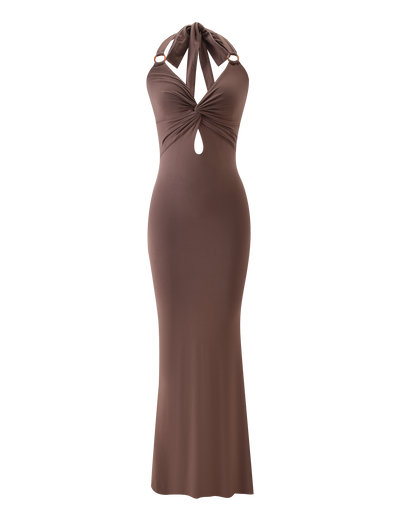The ZENEVA MAXI DRESS - MOCHA by TIGERMIST is a mocha brown, sleeveless, floor-length dress with a keyhole cutout, gathered chest, neck halter ties, and a fitted silhouette for an effortlessly chic look.