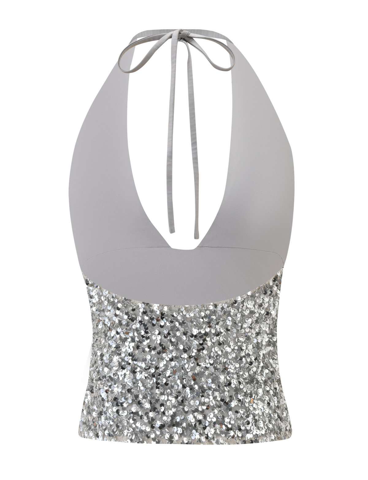 The REILYNN TOP - SILVER by TIGERMIST is a sleeveless halter top with a deep V-neck, a light gray upper, and a lower section embellished with shiny silver sequins. It ties at the neck with matching gray straps for a sparkly finish.