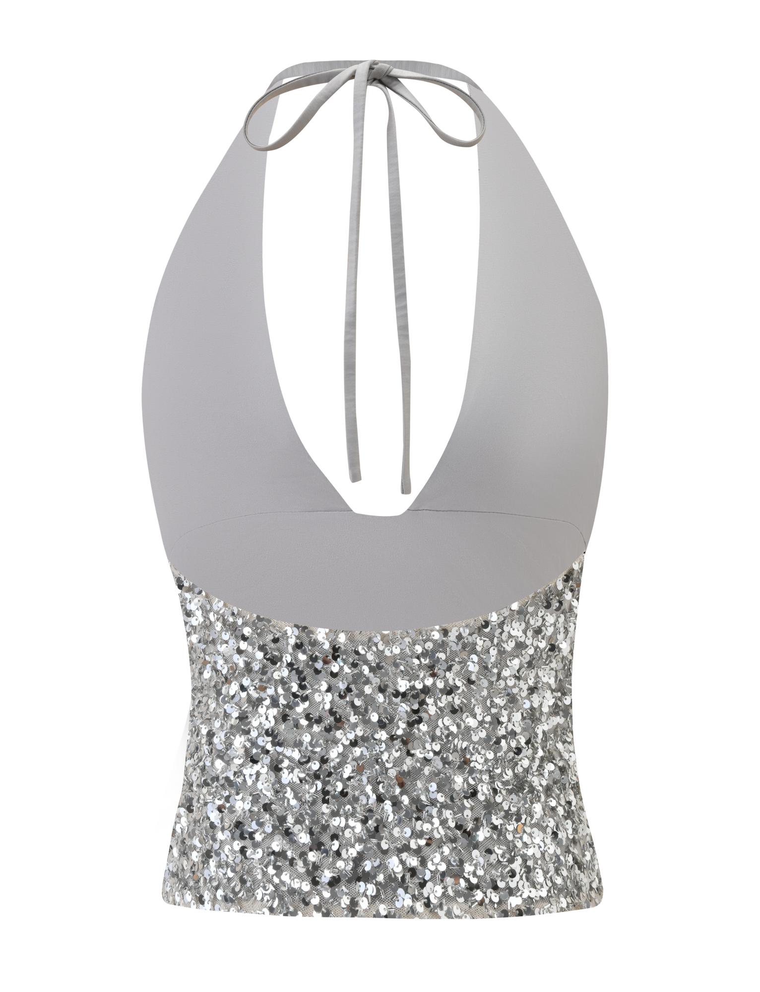 The REILYNN TOP - SILVER by TIGERMIST is a sleeveless halter top with a deep V-neck, a light gray upper, and a lower section embellished with shiny silver sequins. It ties at the neck with matching gray straps for a sparkly finish.