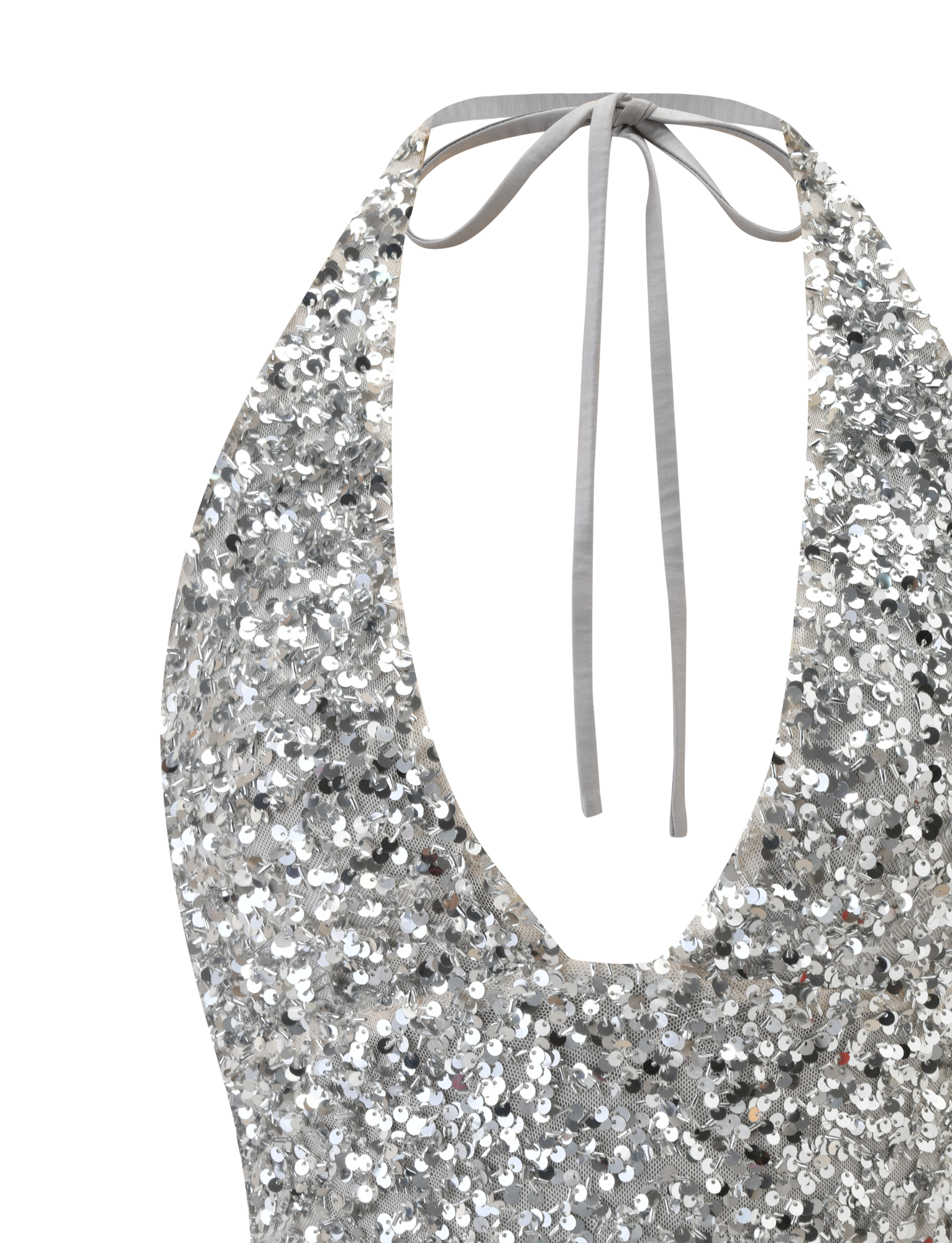 Close-up of the TIGERMIST REILYNN TOP - SILVER, a sparkly halter with silver sequins, deep neckline, and slim gray neck tie straps, shown against a plain white background.