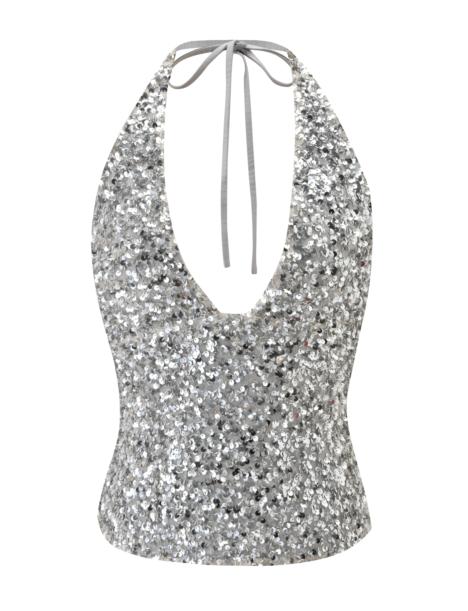 The TIGERMIST REILYNN TOP - SILVER is a sparkly sleeveless halter with silver sequins, a deep V-neckline, and tie-string neck closure, shown against a plain white background.