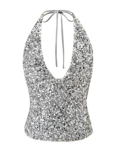 The TIGERMIST REILYNN TOP - SILVER is a sparkly sleeveless halter with silver sequins, a deep V-neckline, and tie-string neck closure, shown against a plain white background.