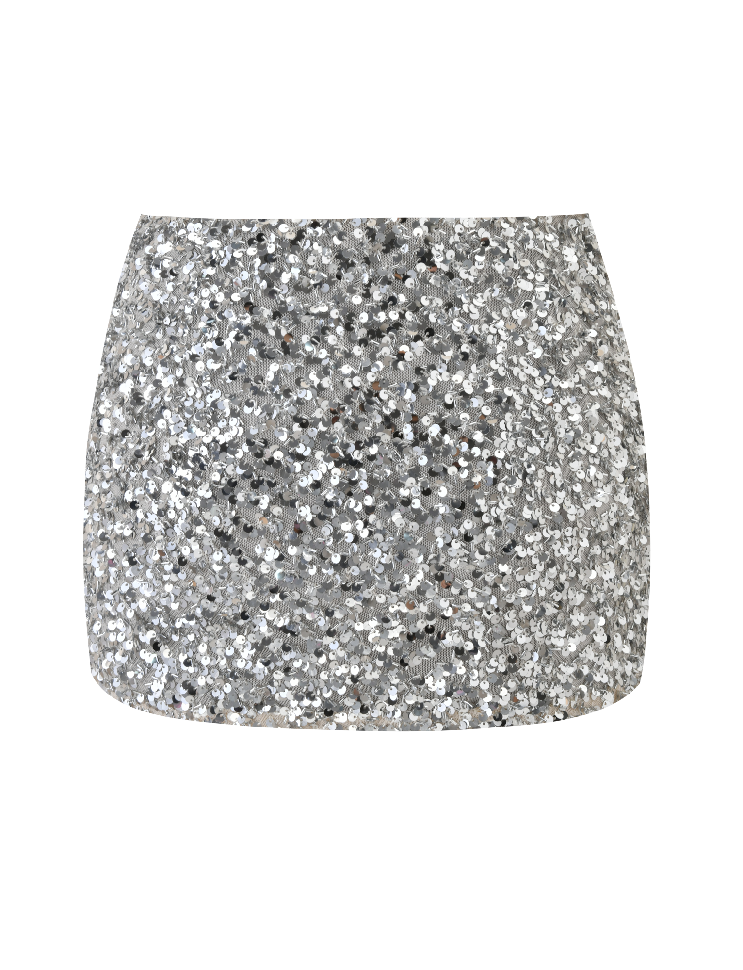 The TIGERMIST REILYNN MINI SKIRT in silver features a fitted, straight silhouette and is fully embellished with shiny sequins, perfect for nights out. Displayed on a plain white background.
