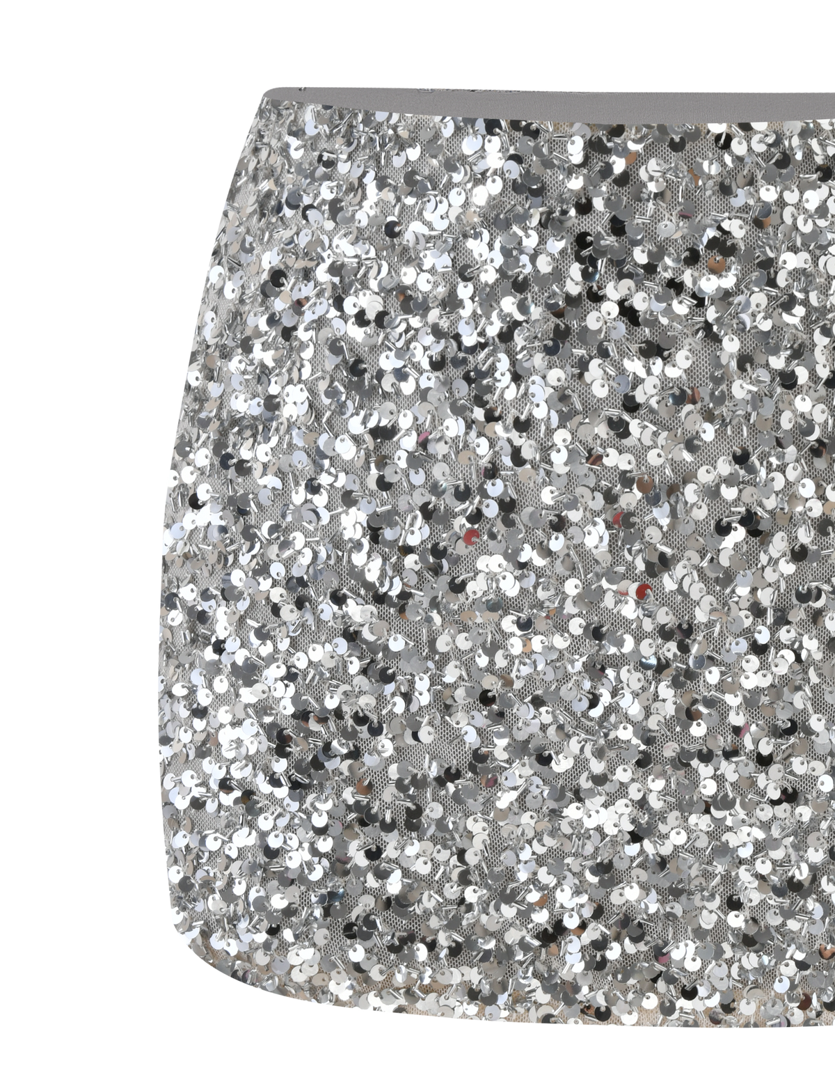The TIGERMIST REILYNN MINI SKIRT - SILVER is a high-waisted mini skirt covered in reflective silver sequins for a sparkling look, shown in close-up against a plain white background.