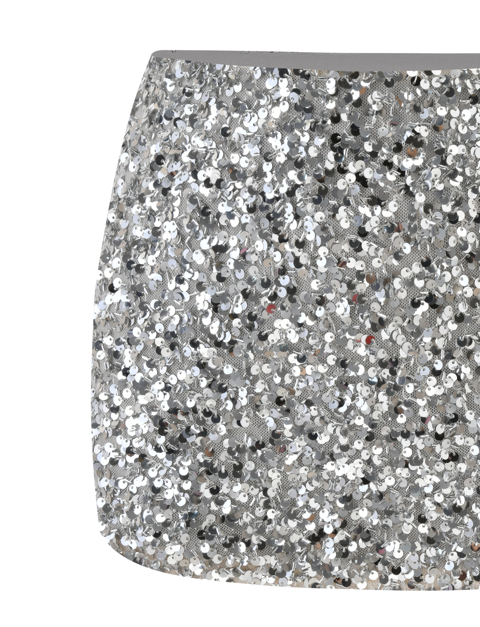The TIGERMIST REILYNN MINI SKIRT - SILVER is a high-waisted mini skirt covered in reflective silver sequins for a sparkling look, shown in close-up against a plain white background.