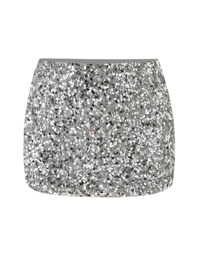 The TIGERMIST REILYNN MINI SKIRT in silver features a straight fit and is fully coated in reflective sequins, making it the perfect sparkling party piece for your next night out.