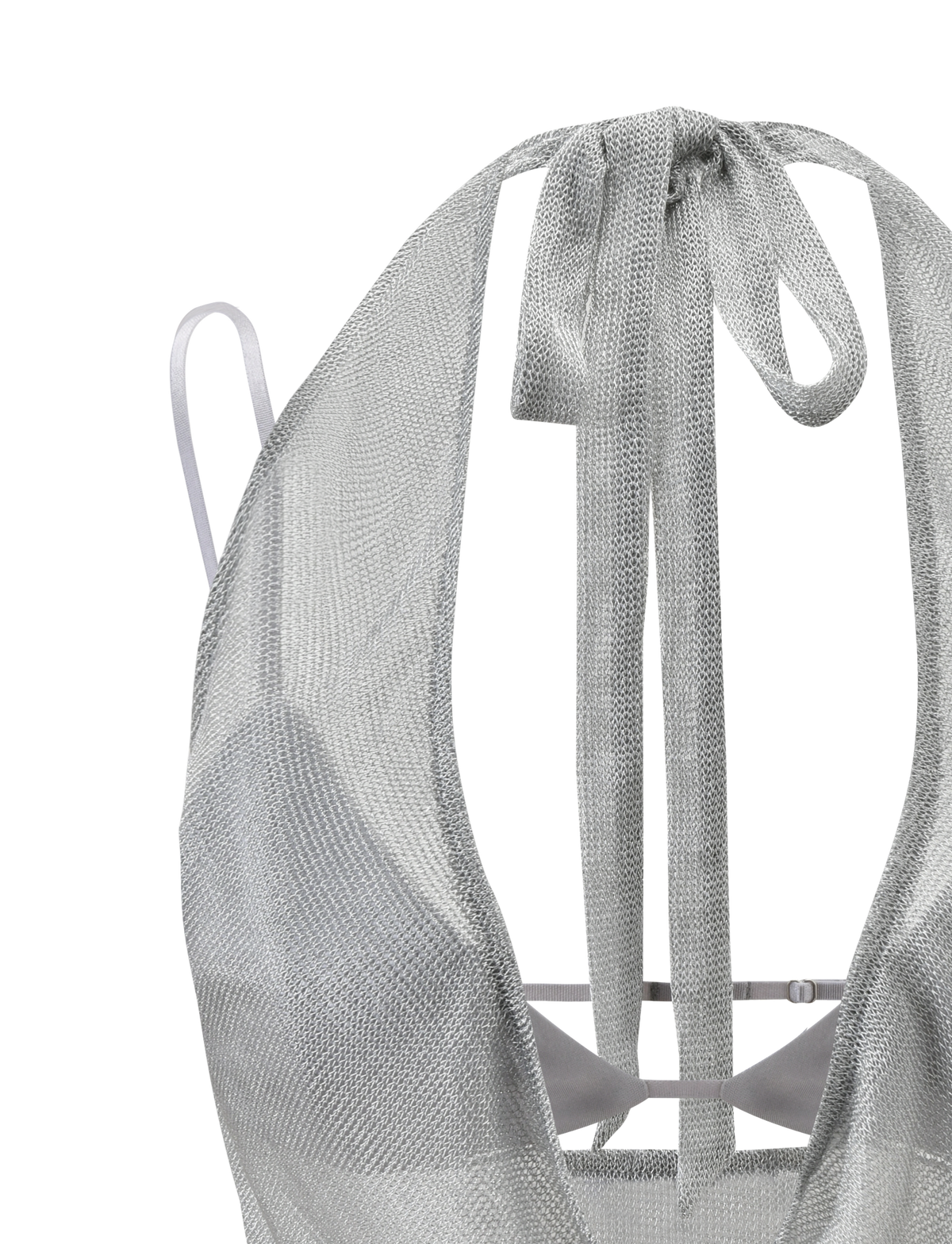 Close-up of the TIGERMIST MAKENA TWO-PIECE TOP 2.0 in silver, featuring a metallic halter style with a low back, shiny textured fabric, neck tie, and thin adjustable back straps. Inspired by the original Makena top. Shown against a plain white background.