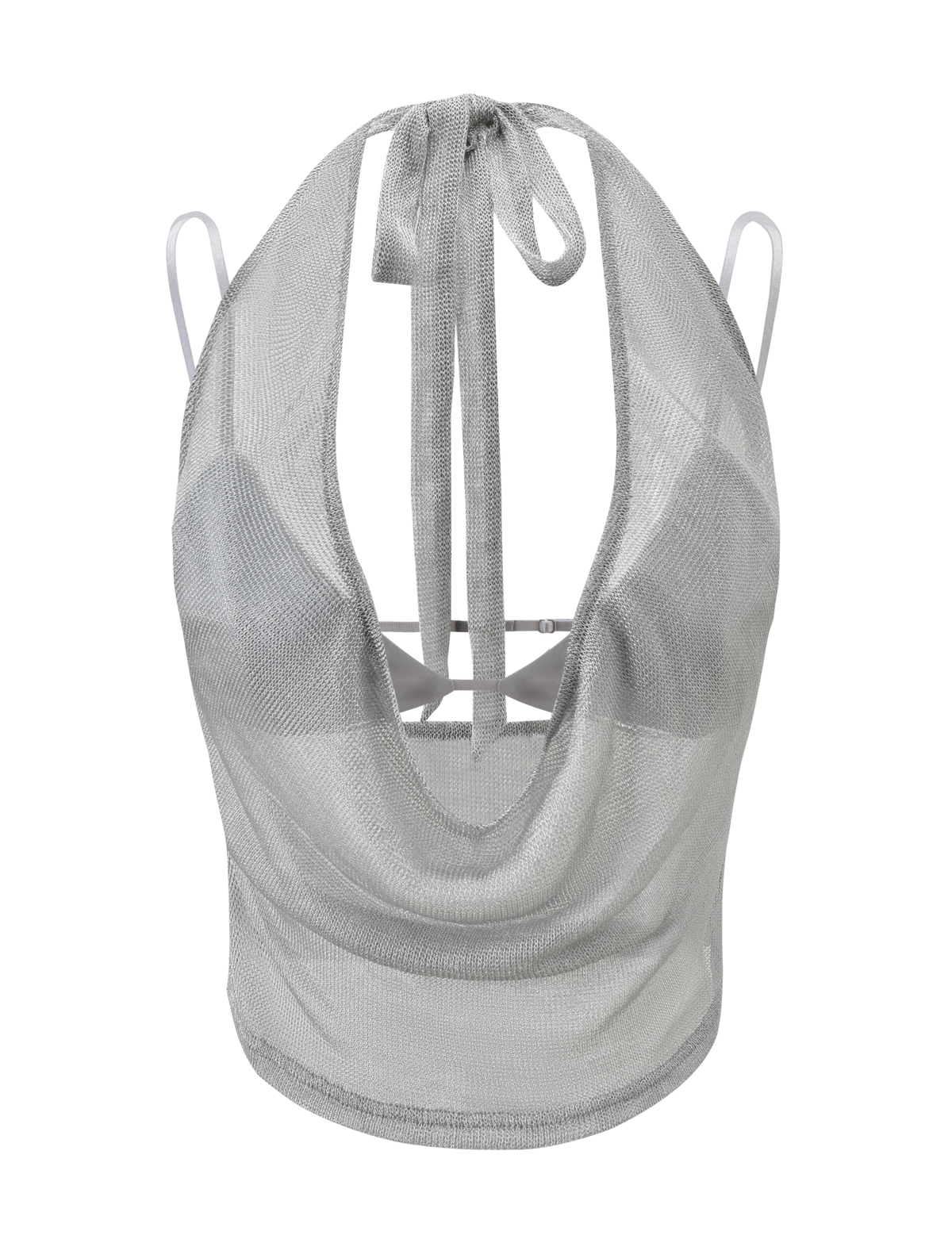 The TIGERMIST MAKENA TWO-PIECE TOP 2.0 - SILVER is a metallic halter style with mesh cowl neck, tie-back, thin straps, and semi-sheer shimmering fabric.