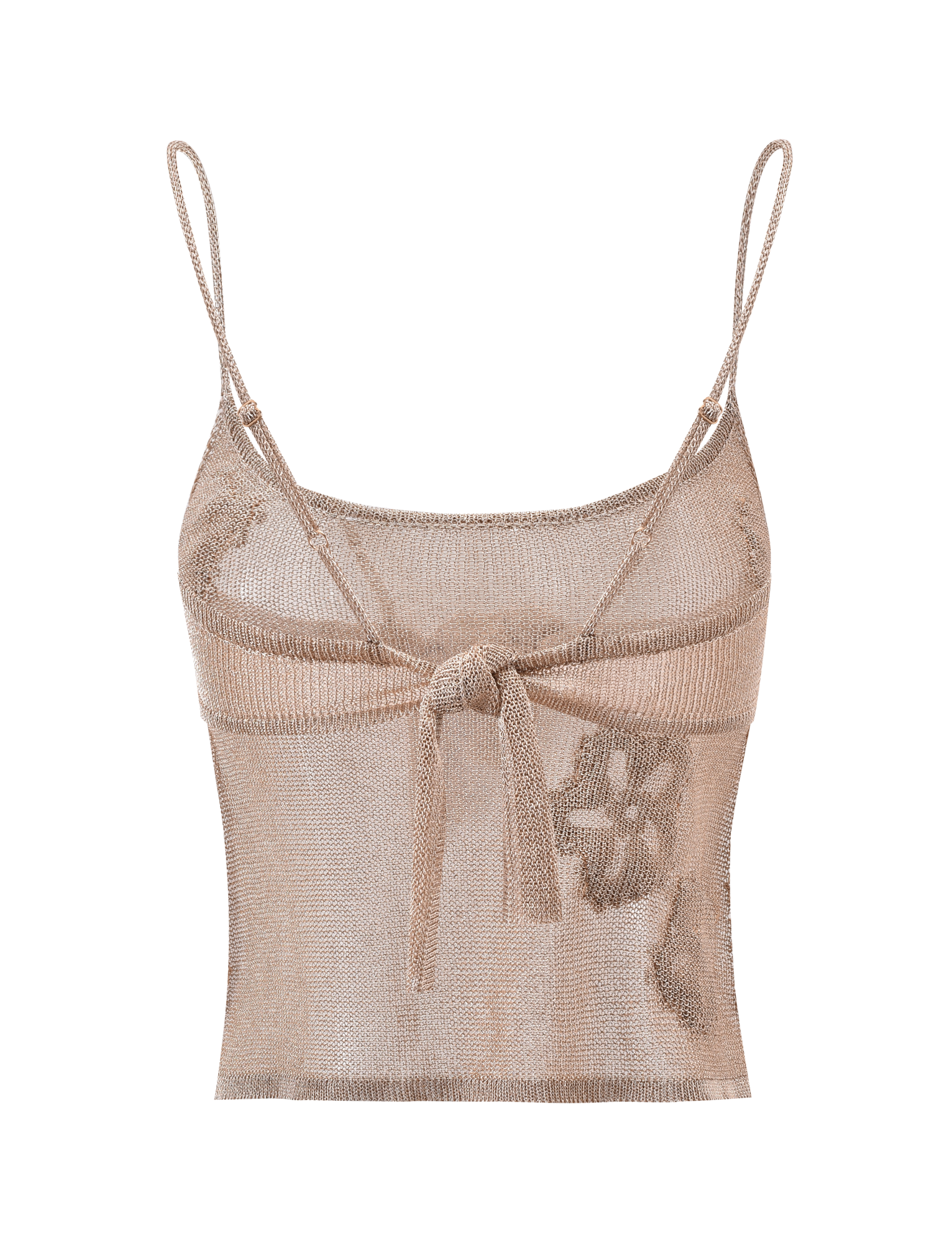 The ISATANA TOP - GOLD by TIGERMIST is a sheer metallic beige knit crop top featuring adjustable shoulder straps and a front tie detail, shown on a plain white background.