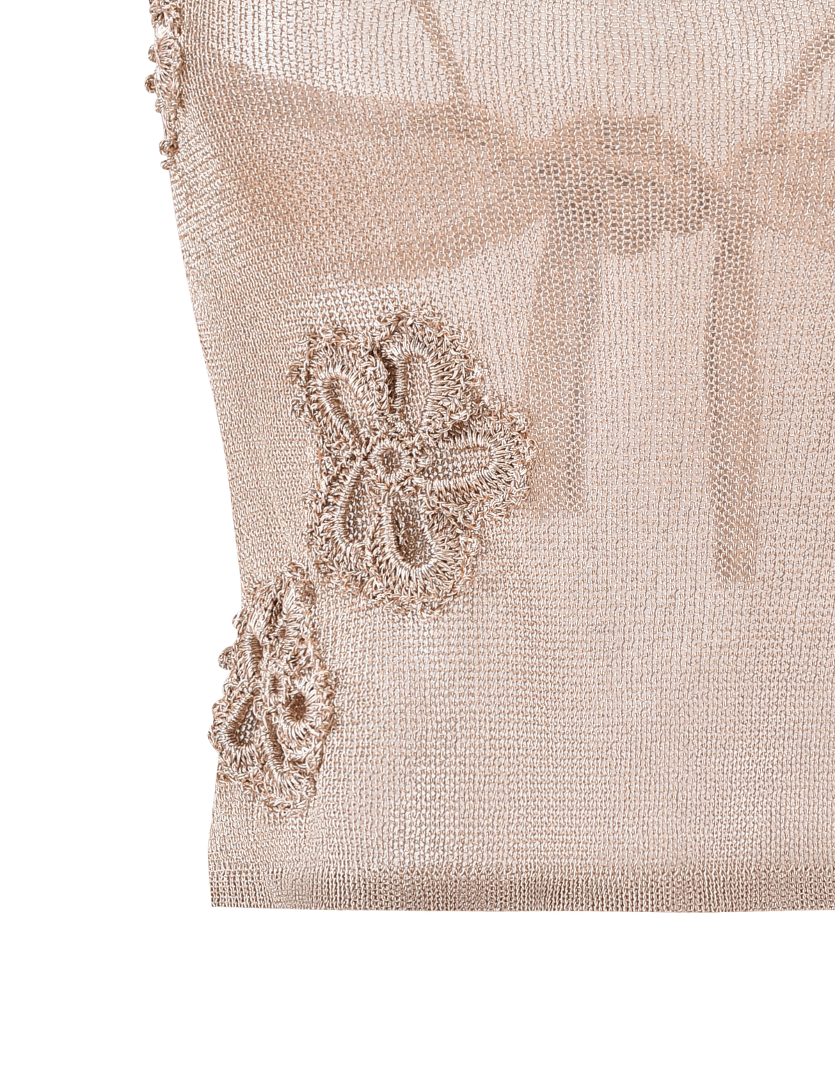 Close-up of the TIGERMIST ISATANA TOP - GOLD, featuring sheer, light champagne fabric with a metallic shimmer and delicate floral appliqué details in matching tones for an elegant, lightweight look.