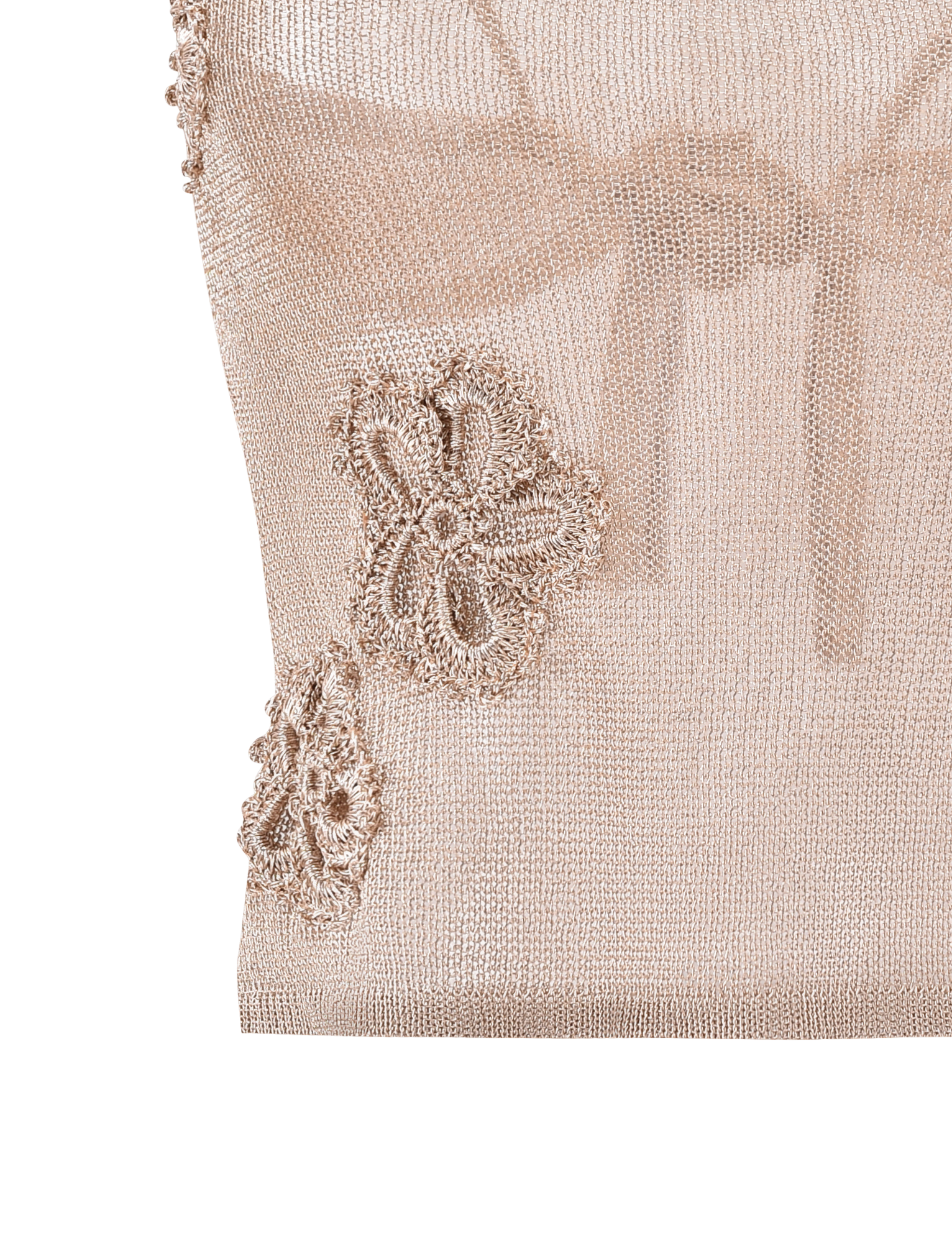 Close-up of the TIGERMIST ISATANA TOP - GOLD, featuring sheer, light champagne fabric with a metallic shimmer and delicate floral appliqué details in matching tones for an elegant, lightweight look.