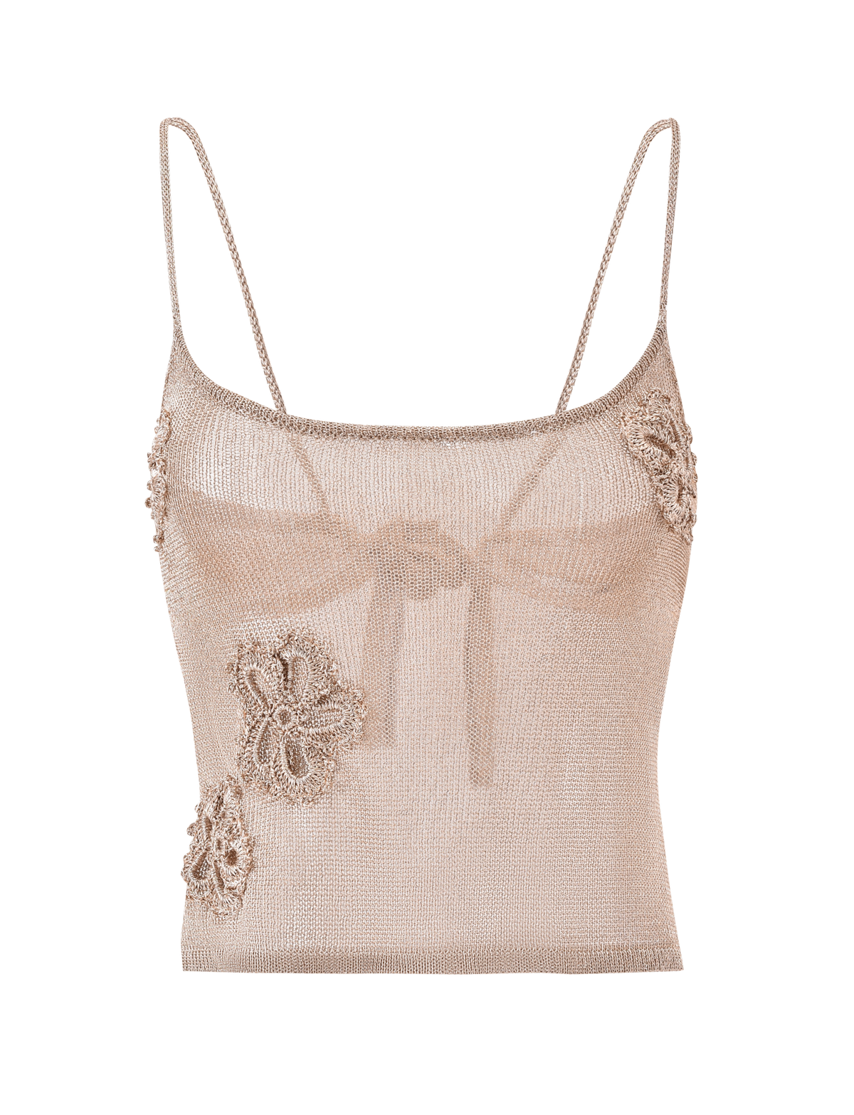 The ISATANA TOP - GOLD by TIGERMIST is a sheer, light beige tank with thin adjustable straps and floral crochet appliqués on the left side and near the right bust.
