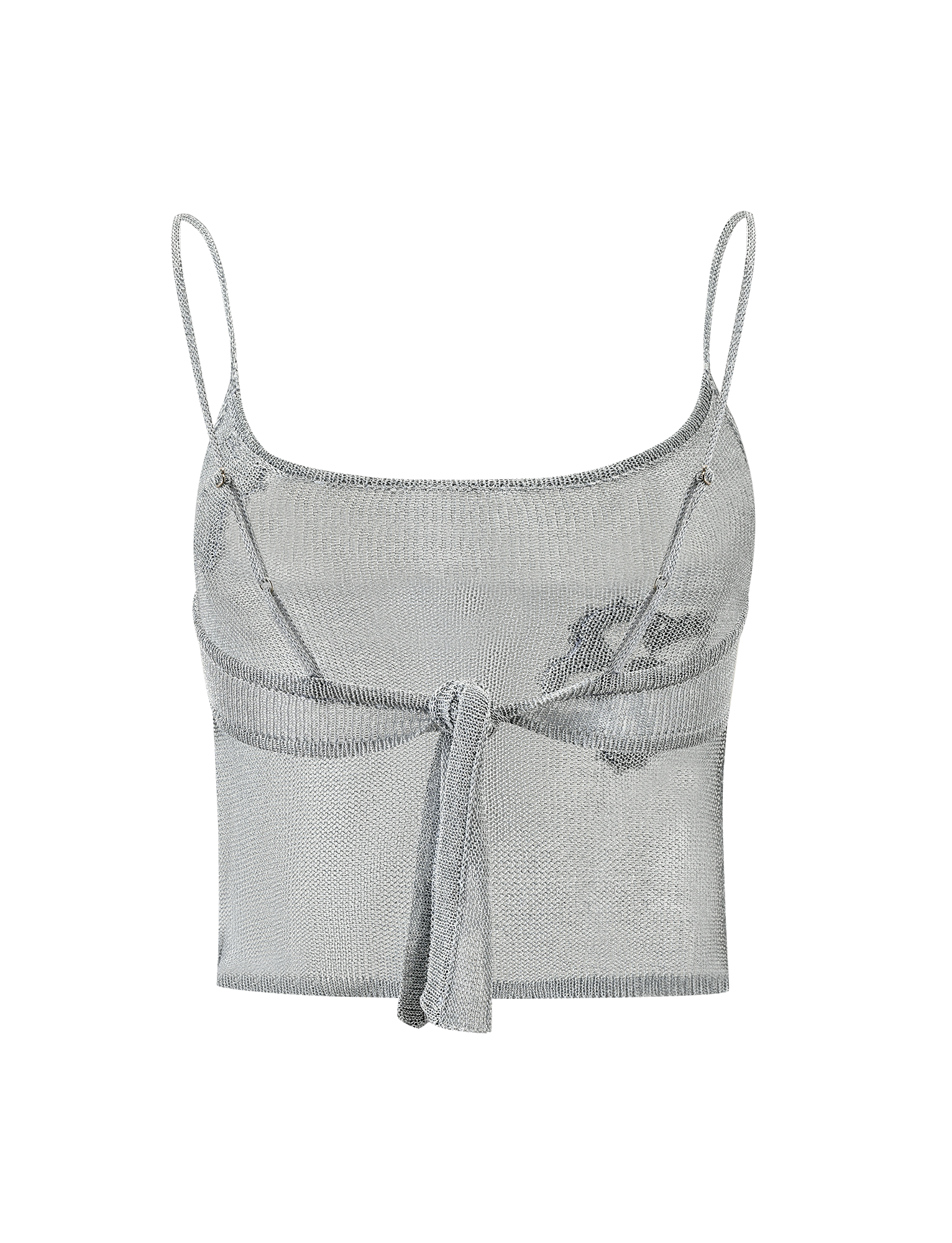 The TIGERMIST ISATANA TOP - SILVER is a metallic knit mesh crop top featuring thin spaghetti straps, a low scoop neckline, and a front tie detail.