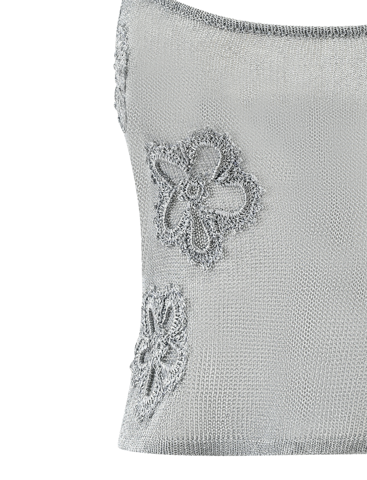 The ISATANA TOP - SILVER by TIGERMIST is a silver metallic knit tube top with two raised, textured floral appliqué designs on the front.